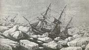 Erebus and Terror am riding out a tempest in packisen wonder Ross second travel 1842 to Antarctic Continent